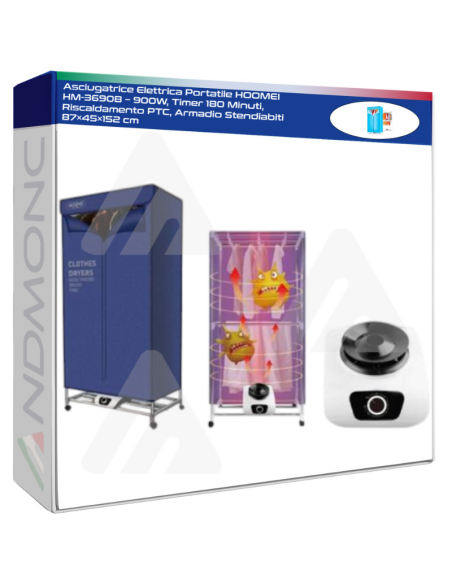 Asciugatrice Elettrica Portatile HOOMEI HM-3690B – 900W, Timer 180 Minuti, Riscaldamento PTC, Armadio Stendiabiti 87×45×152 cm