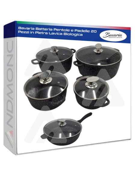 Bavaria Batteria Pentole e Padelle 20 Pezzi in Pietra Lavica Biologica