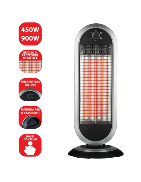 Stufa a Carbonio 900W con Base Oscillante – Radiatore Elettrico Basso Consumo, 2 Livelli di Potenza