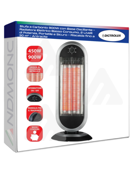 Stufa a Carbonio 900W con Base Oscillante – Radiatore Elettrico Basso Consumo, 2 Livelli di Potenza