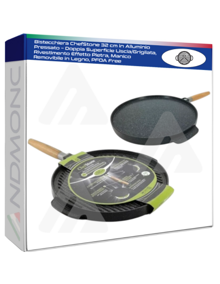 Bistecchiera ChefStone 32 cm in Alluminio Pressato – Doppia Superficie Liscia/Grigliata, Rivestimento Effetto Pietra