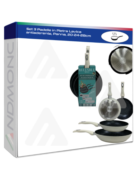 Set 3 Padelle in Pietra Lavica antiaderente, Panna, 20-24-28cm