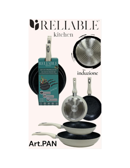 Set 3 Padelle in Pietra Lavica antiaderente, Panna, 20-24-28cm