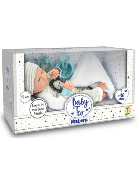 Bambolotto Baby Teo Neoborn 40 cm in Morbido Vinile con Accessori – Giocattolo +36 Mesi
