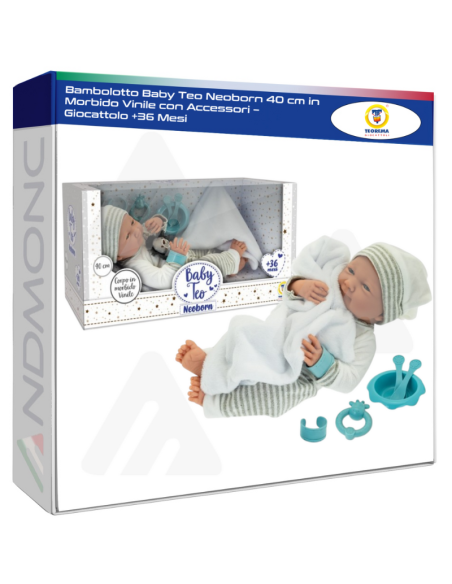 Bambolotto Baby Teo Neoborn 40 cm in Morbido Vinile con Accessori – Giocattolo +36 Mesi