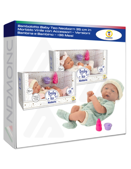 Bambolotto Baby Teo Neoborn 35 cm in Morbido Vinile con Accessori – Versioni Bambina e Bambino – +36 Mesi