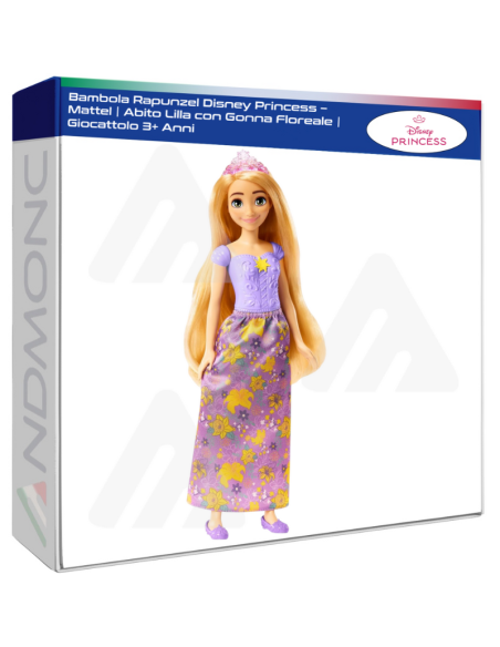 Bambola Rapunzel Disney Princess – Mattel  Abito Lilla con Gonna Floreale  Giocattolo 3+ Anni