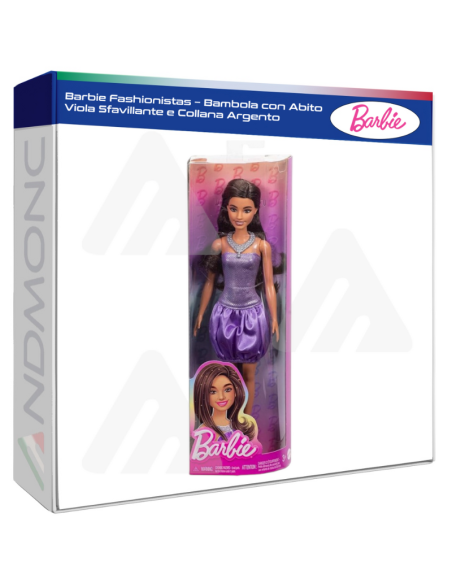 Barbie Fashionistas – Bambola con Abito Viola Sfavillante e Collana Argento
