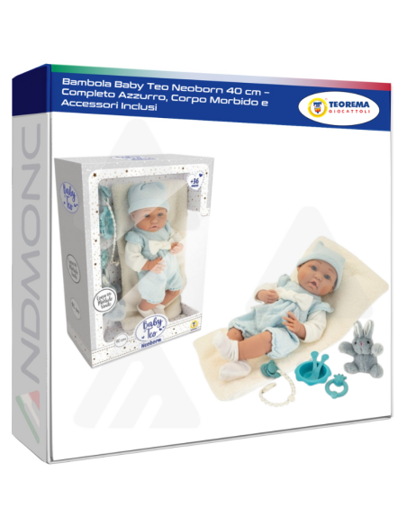 Bambola Baby Teo Neoborn 40 cm – Completo Azzurro, Corpo Morbido e Accessori Inclusi