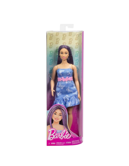 Barbie Fashionistas – Bambola con Abito Blu a Farfalle e Capelli Scuri