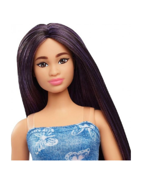 Barbie Fashionistas – Bambola con Abito Blu a Farfalle e Capelli Scuri