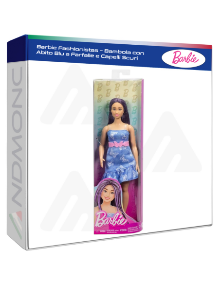 Barbie Fashionistas – Bambola con Abito Blu a Farfalle e Capelli Scuri