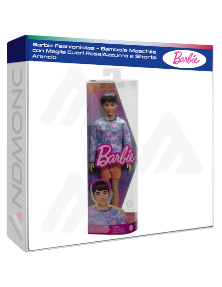 Barbie Fashionistas – Bambola Maschile con Maglia Cuori RosaAzzurro e Shorts Arancio