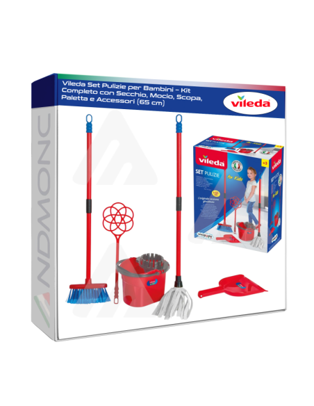 Vileda Set Pulizie per Bambini – Kit Completo con Secchio, Mocio, Scopa, Paletta e Accessori (65 cm)