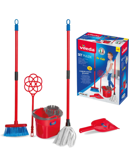 Vileda Set Pulizie per Bambini – Kit Completo con Secchio, Mocio, Scopa, Paletta e Accessori (65 cm)