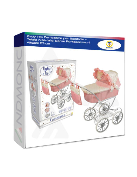 Baby Teo Carrozzina per Bambole – Telaio in Metallo, Borsa Portaccessori, Altezza 89 cm