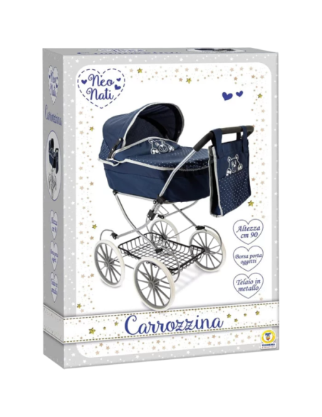 Carrozzina per Bambole Neo Nati – Telaio in Metallo, Borsa Porta Oggetti, Altezza 90 cm (Blu)