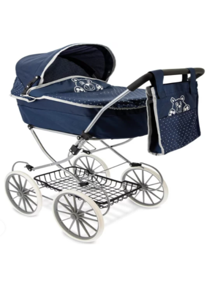 Carrozzina per Bambole Neo Nati – Telaio in Metallo, Borsa Porta Oggetti, Altezza 90 cm (Blu)