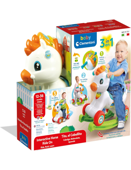 Clementoni Baby Tito il Cavallito 3 in 1 – Cavallo Interattivo Cavalcabile, Dondolo e Activity Center (12–36 mesi)