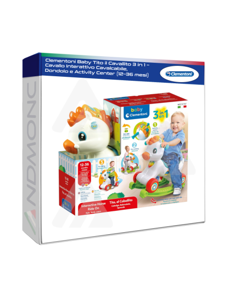 Clementoni Baby Tito il Cavallito 3 in 1 – Cavallo Interattivo Cavalcabile, Dondolo e Activity Center (12–36 mesi)
