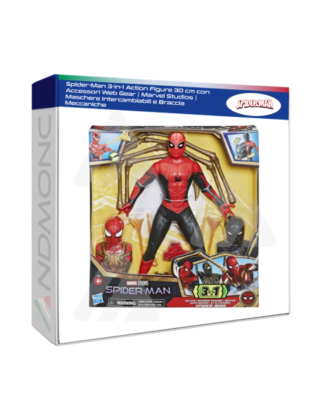 Spider-Man 3-in-1 Action Figure 30 cm con Accessori Web Gear  Marvel Studios  Maschere Intercambiabili e Braccia Meccaniche