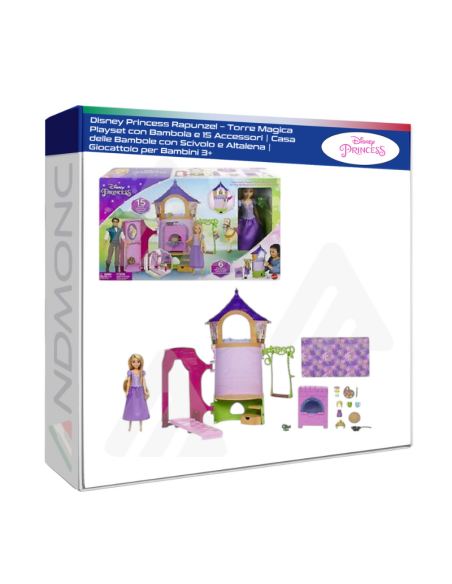 Disney Princess Rapunzel – Torre Magica Playset con Bambola e 15 Accessori  Casa delle Bambole con Scivolo e Altalena