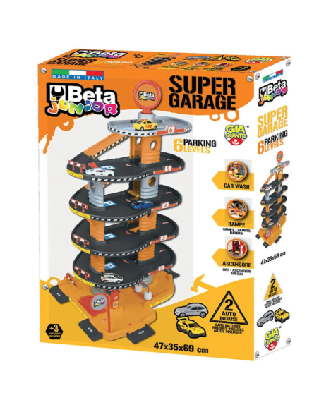 Super Garage 6 Livelli Beta Junior  Parcheggio Giocattolo con Rampe, Ascensore e Autolavaggio  2 Auto Incluse