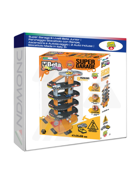 Super Garage 6 Livelli Beta Junior  Parcheggio Giocattolo con Rampe, Ascensore e Autolavaggio  2 Auto Incluse