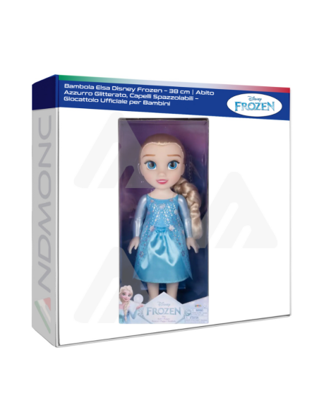 Bambola Elsa Disney Frozen – 38 cm  Abito Azzurro Glitterato, Capelli Spazzolabili – Giocattolo Ufficiale per Bambini