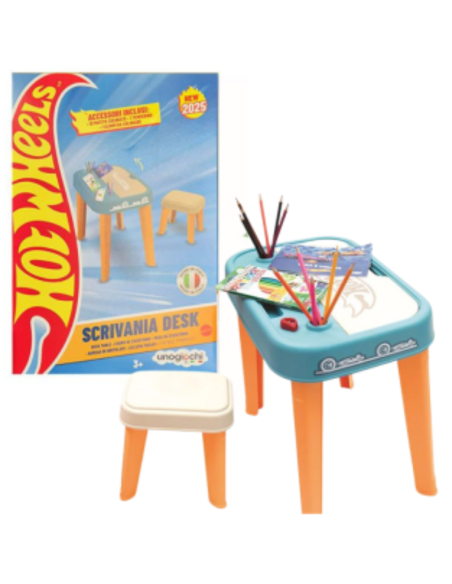 Scrivania Hot Wheels per Bambini con Sgabello – Tavolo da Disegno con Vano Portaoggetti e Accessori Inclusi  Made in Italy  3+