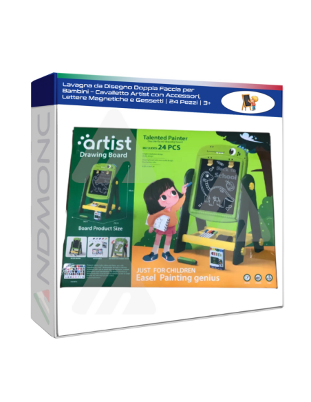 Lavagna da Disegno Doppia Faccia per Bambini – Cavalletto Artist con Accessori, Lettere Magnetiche e Gessetti  24 Pezzi  3+