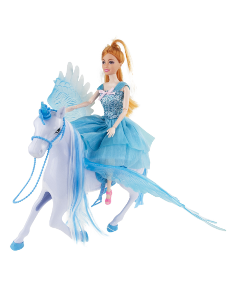 Bambola Principessina con Carrozza e Cavallo Alato – Playset con Luci e Suoni  Carrozza Magica Azzurra  Giocattolo 3+