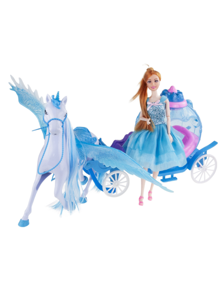 Bambola Principessina con Carrozza e Cavallo Alato – Playset con Luci e Suoni  Carrozza Magica Azzurra  Giocattolo 3+