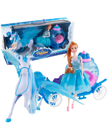 Bambola Principessina con Carrozza e Cavallo Alato – Playset con Luci e Suoni  Carrozza Magica Azzurra  Giocattolo 3+