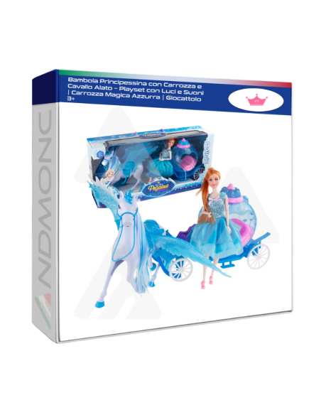 Bambola Principessina con Carrozza e Cavallo Alato – Playset con Luci e Suoni  Carrozza Magica Azzurra  Giocattolo 3+