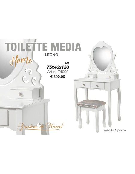 Toeletta Specchiera in Legno con Sgabello – 75x40x138 cm – Design Cuore – Giardini di Marzo