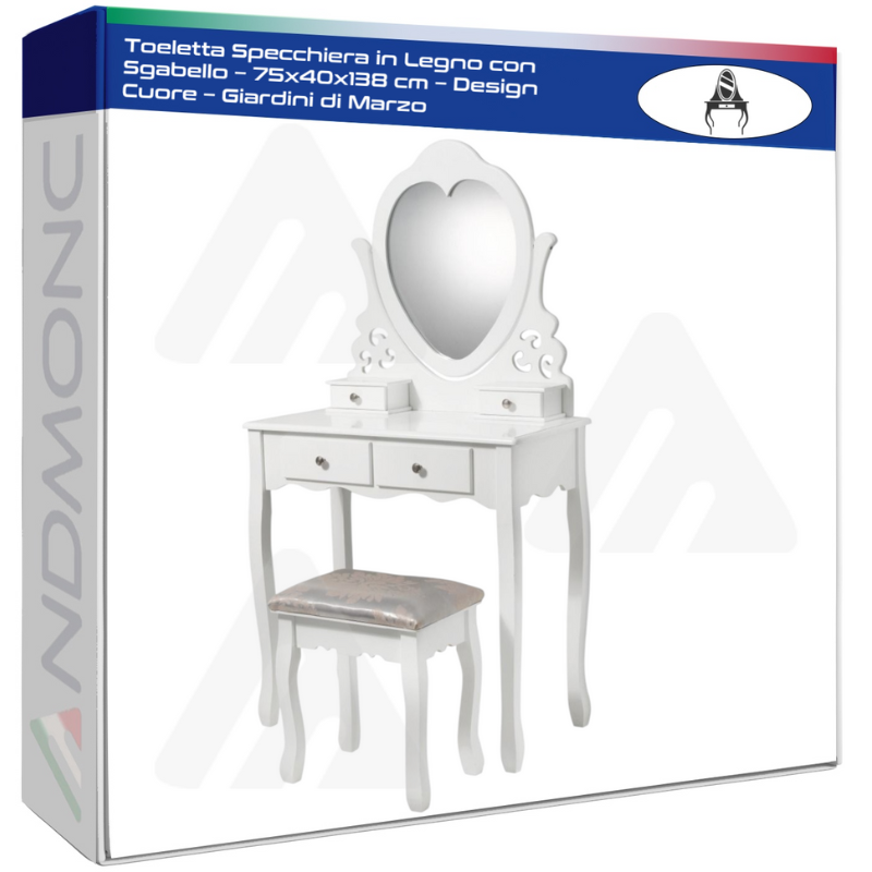 Toeletta Specchiera in Legno con Sgabello –...