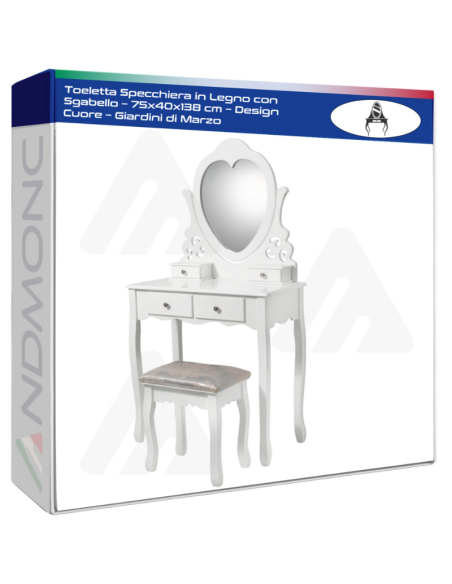 Toeletta Specchiera in Legno con Sgabello – 75x40x138 cm – Design Cuore – Giardini di Marzo