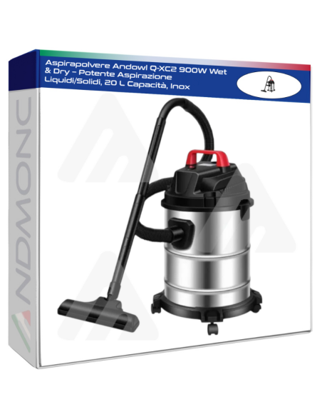 Aspirapolvere Andowl Q-XC2 900W Wet & Dry – Potente Aspirazione Liquidi/Solidi, 20 L Capacità, Inox