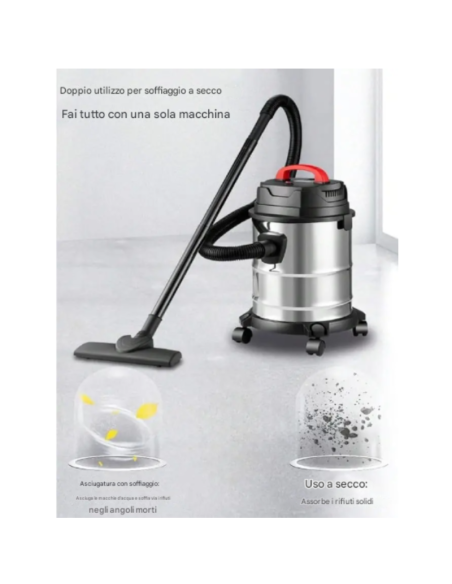 Aspirapolvere Andowl Q-XC2 900W Wet & Dry – Potente Aspirazione Liquidi/Solidi, 20 L Capacità, Inox
