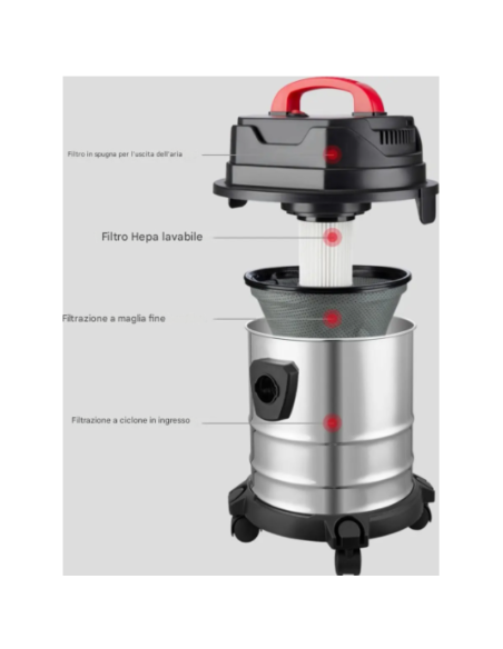 Aspirapolvere Andowl Q-XC2 900W Wet & Dry – Potente Aspirazione Liquidi/Solidi, 20 L Capacità, Inox