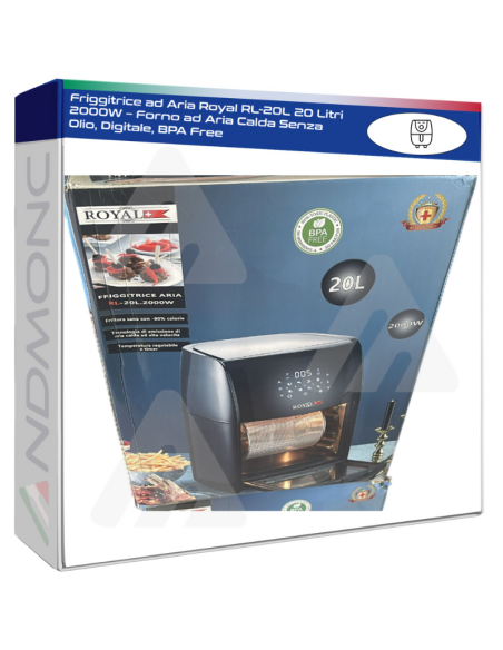 Friggitrice ad Aria Royal RL-20L 20 Litri 2000W – Forno ad Aria Calda Senza Olio, Digitale, BPA Free