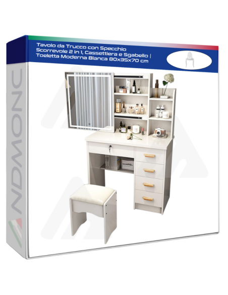 Tavolo da Trucco con Specchio Scorrevole LED 2 in 1, Cassettiera e Sgabello | Toeletta Moderna Bianca 80x35x70 cm