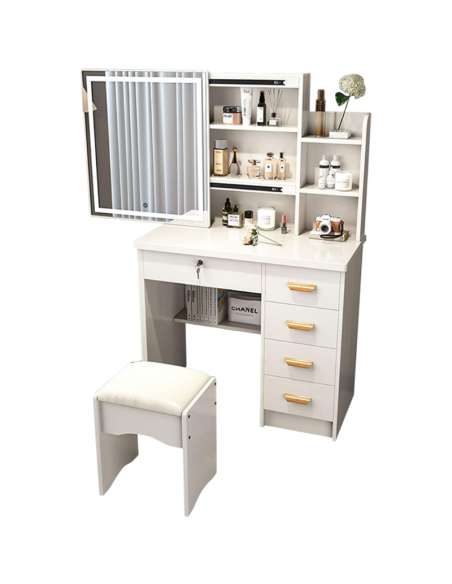 Tavolo da Trucco con Specchio Scorrevole LED 2 in 1, Cassettiera e Sgabello | Toeletta Moderna Bianca 80x35x70 cm