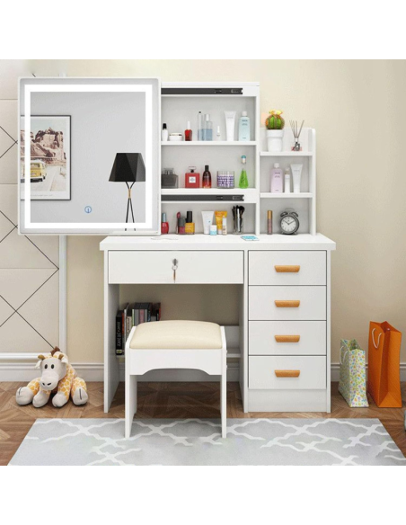 Tavolo da Trucco con Specchio Scorrevole LED 2 in 1, Cassettiera e Sgabello | Toeletta Moderna Bianca 80x35x70 cm