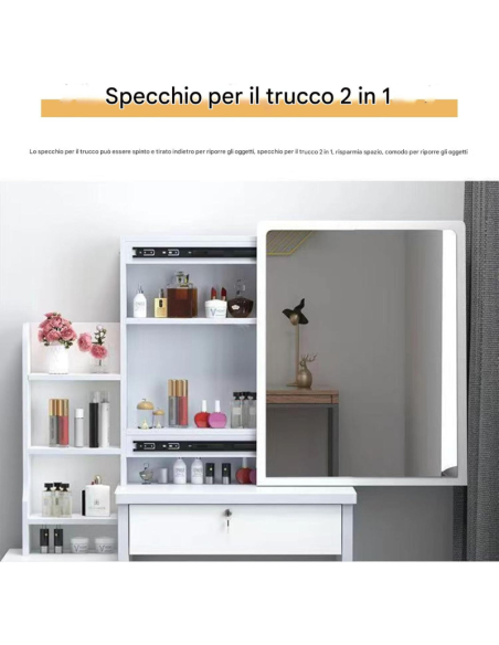 Tavolo da Trucco con Specchio Scorrevole LED 2 in 1, Cassettiera e Sgabello | Toeletta Moderna Bianca 80x35x70 cm