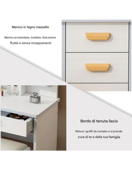 Tavolo da Trucco con Specchio Scorrevole LED 2 in 1, Cassettiera e Sgabello | Toeletta Moderna Bianca 80x35x70 cm