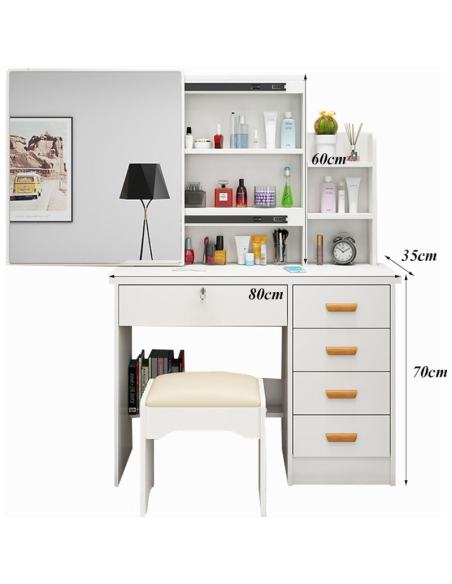 Tavolo da Trucco con Specchio Scorrevole LED 2 in 1, Cassettiera e Sgabello | Toeletta Moderna Bianca 80x35x70 cm