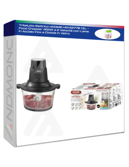 Tritatutto Elettrico HOOMEI HM-6277B 1,5L – Food Chopper 400W a 2 Velocità con Lame in Acciaio Inox e Ciotola in Vetro