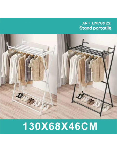 Stand Appendiabiti Portatile in Alluminio 130x68x46 cm – Con Ripiano Scarpe – Bianco o Nero